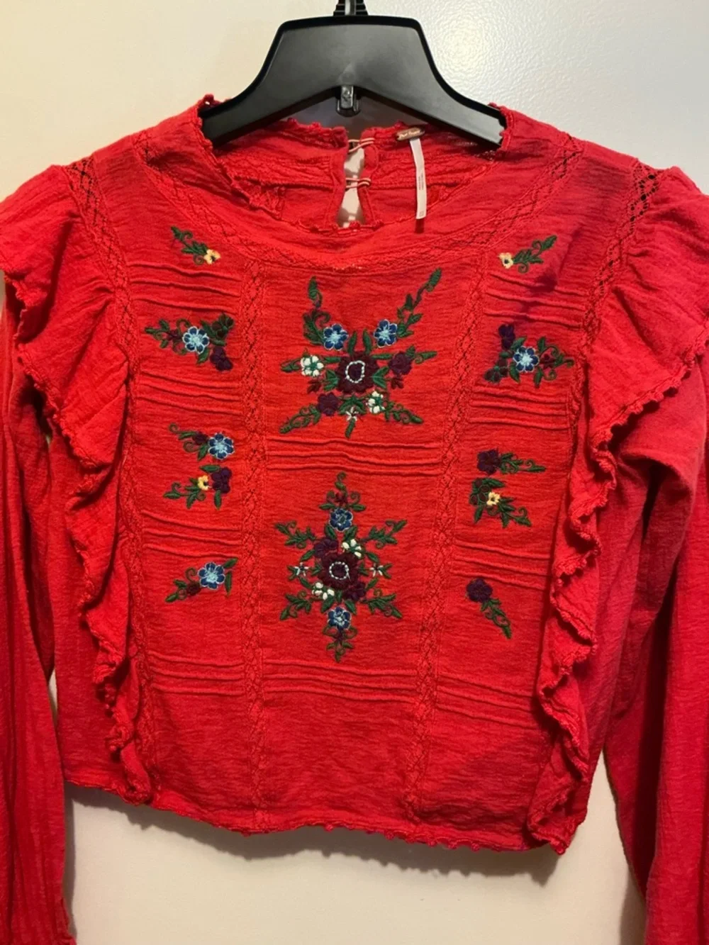 Embroidered Red Ruffle Long-Sleeve Top - Picture 2 of 4
